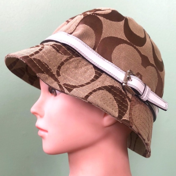 Coach Women's Brown Signature Logo Buckle Bucket Hat Size M/L - Picture 1 of 9
